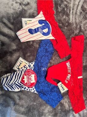 Victoria's Secret PINK Red Lace & Blue Lace Thong Trio